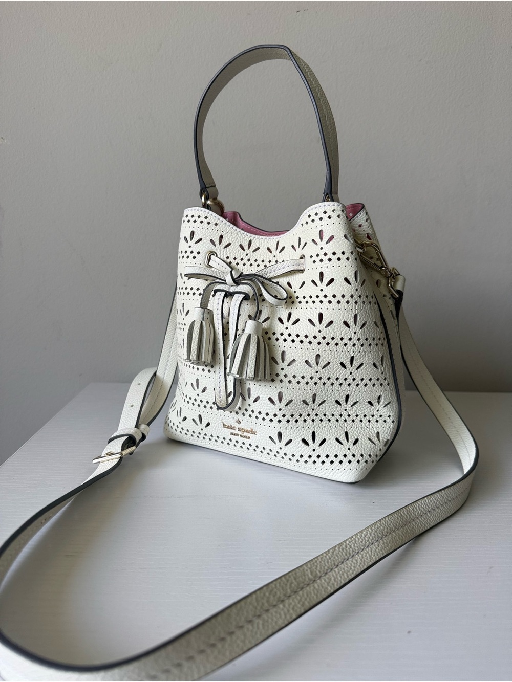kate spade White Perforated Leather Drawstring Bucket Bag - Picture 3 of 11